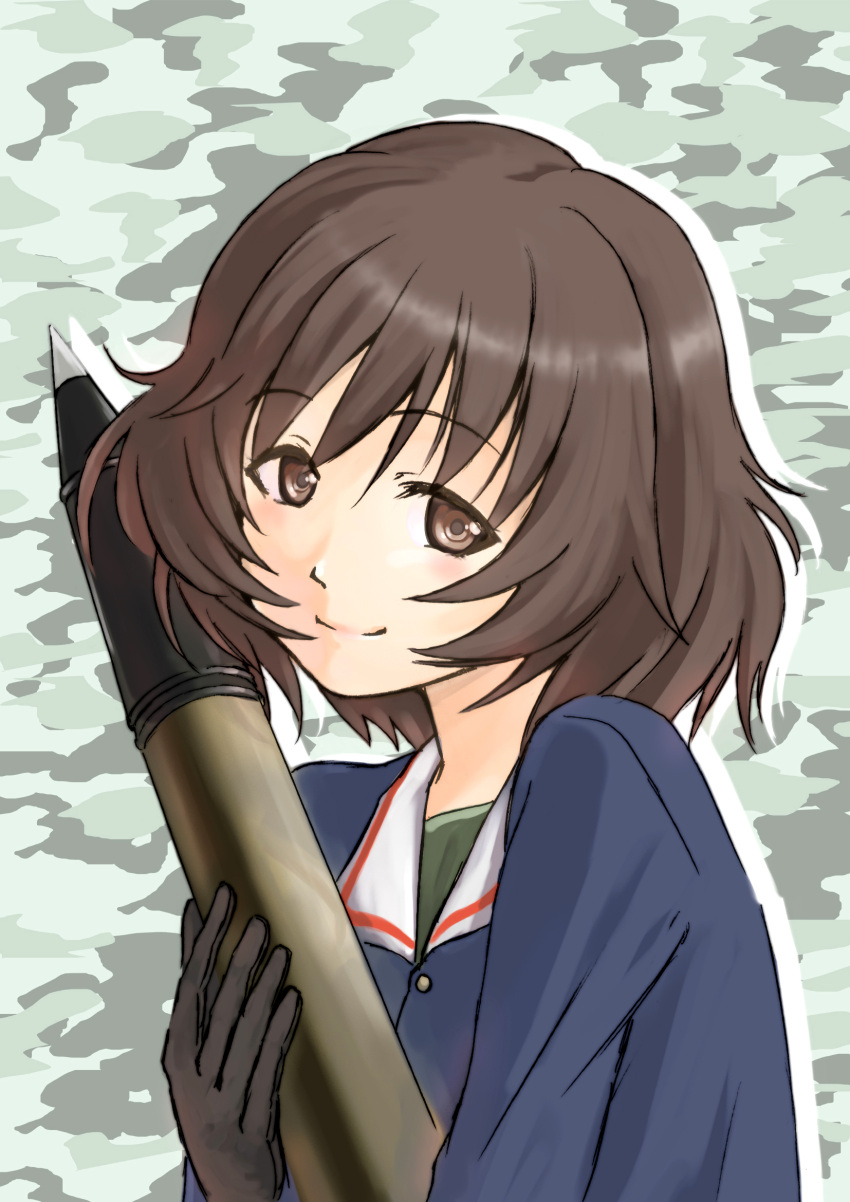 1girl, akiyama_yukari, ammunition, brown_hair, ganzyu_i, girls_und_panzer, gloves, highres, short_hair, smile, solo, tank_round