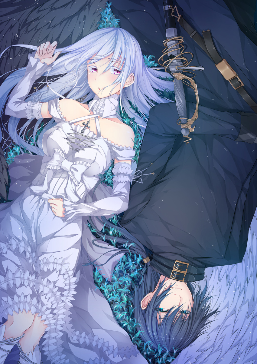 1boy, 1girl, aki_ii, black_hair, blue_eyes, bow, choker, detached_sleeves