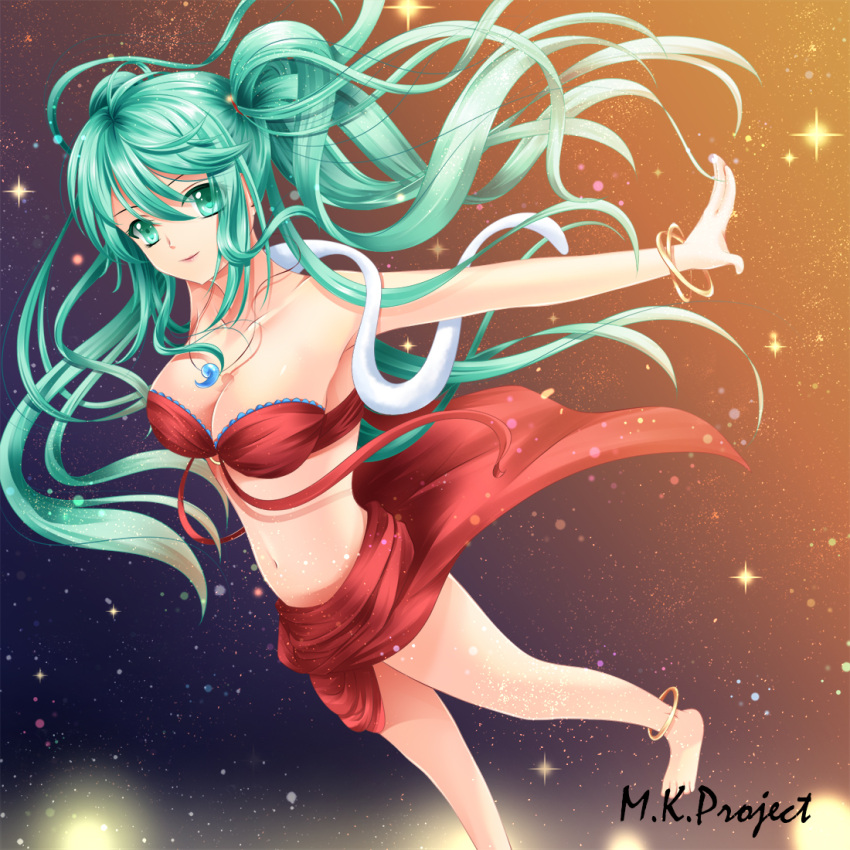 1girl, anklet, bracelet, breasts, cleavage, green_eyes, green_hair, hatsune_miku