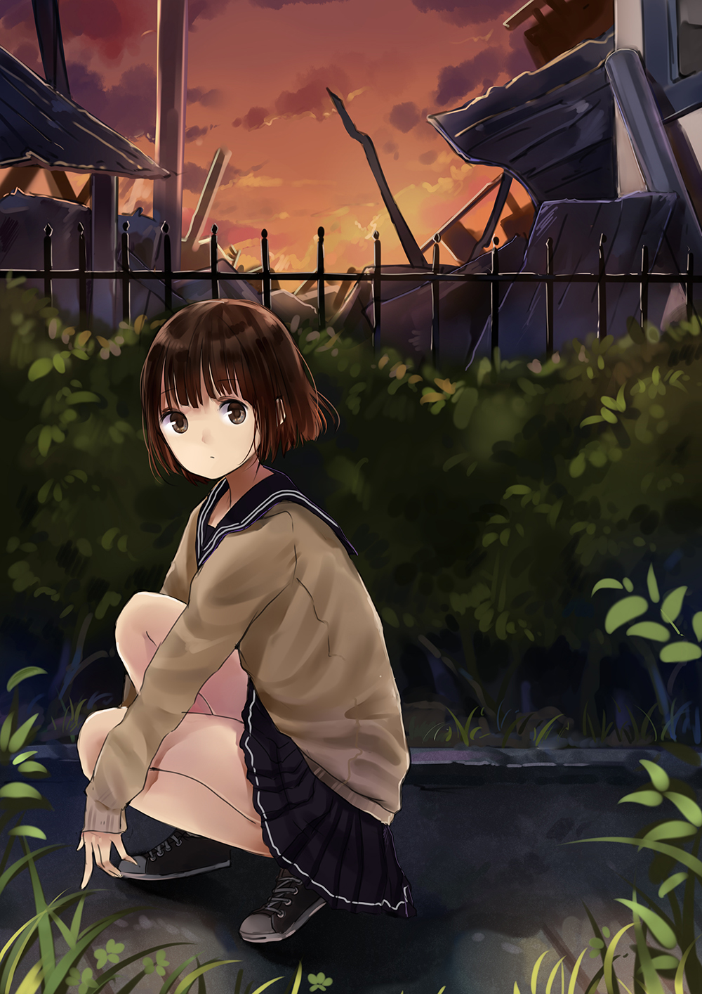 brown_eyes, brown_hair, cardigan, clouds, fence, maigo_(neko), original, ruins