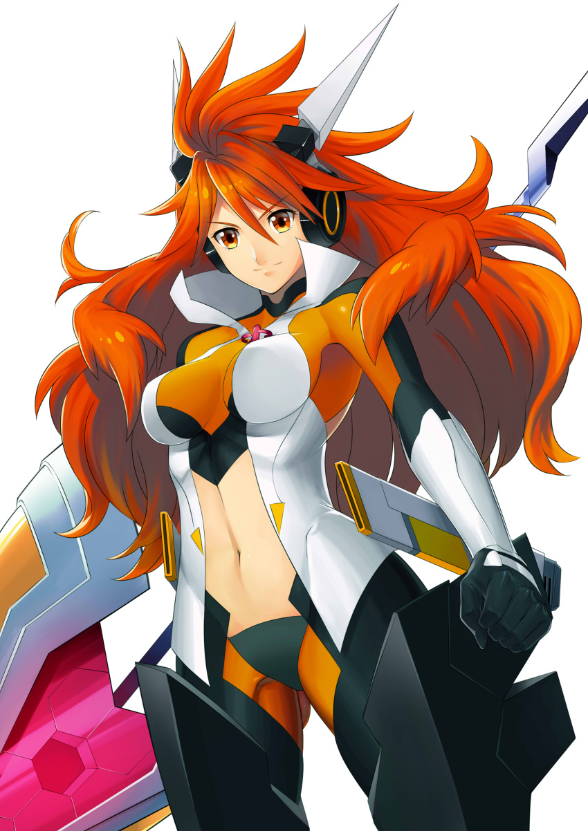 1girl, amou_kanade, bodysuit, headgear, high_collar, highres, horns, long_hair, magical_girl, midriff, navel, orange_eyes, orange_hair, polearm, senki_zesshou_symphogear, simple_background, solo, tomaty., weapon
