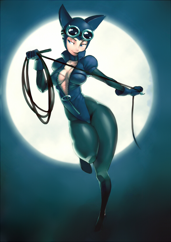1girl, animal_ears, batman_(series), blue_eyes, bodysuit, breasts, cat_ears, catsuit