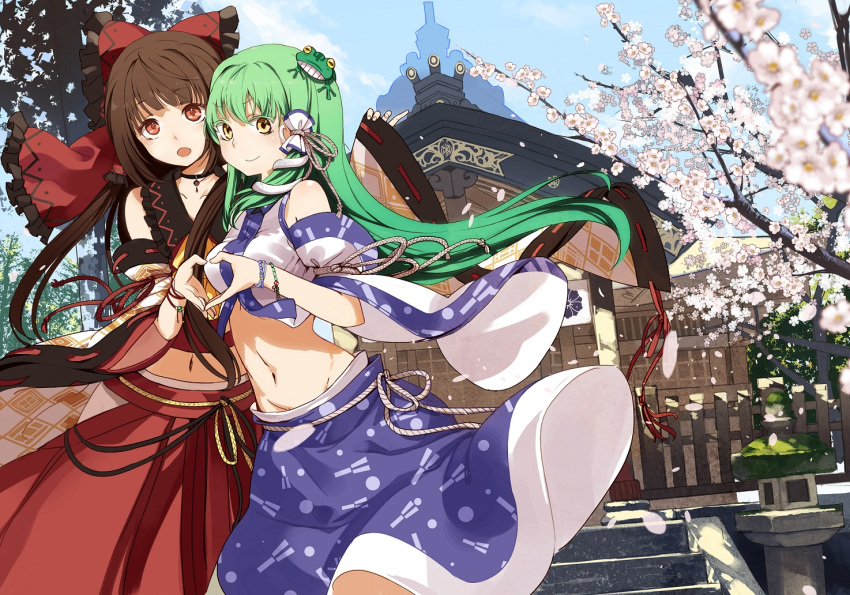 2girls, adapted_costume, blue_sky, bow, bracelet, brown_eyes, brown_hair, building