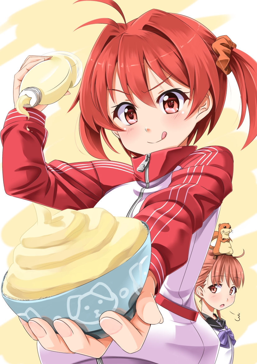 2girls, blush, bowl, brown_eyes, brown_hair, hair_ornament, isshiki_akane, isshiki_momo