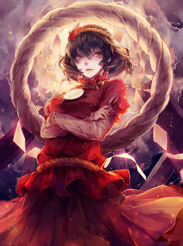 1girl, crossed_arms, dress, hair_ornament, hi-fi, leaf, mirror, onbashira