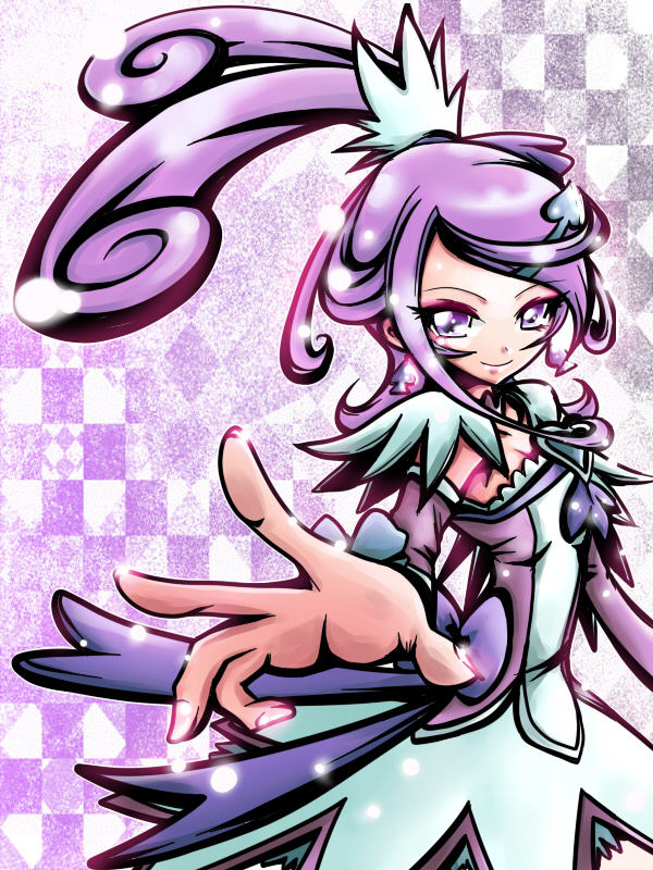 1girl, arm_warmers, cure_sword, curly_hair, dokidoki!_precure, dress, earrings, hair_ornament, hairpin, jewelry, kenzaki_makoto, long_hair, muichi, outstretched_hand, ponytail, precure, purple, purple_hair, smile, solo, spade, violet_eyes