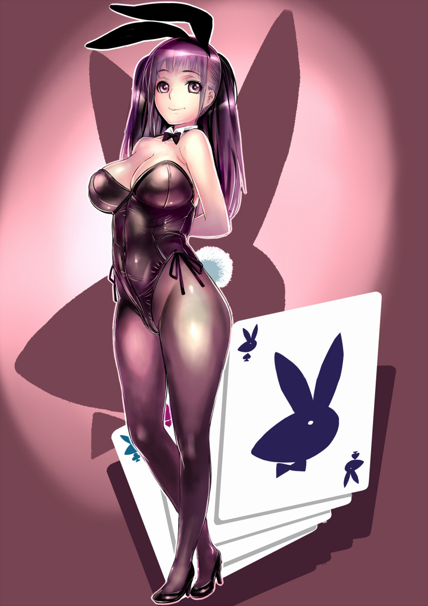 1girl, animal_ears, black_legwear, breasts, bunny_girl, bunny_tail, card, cleavage