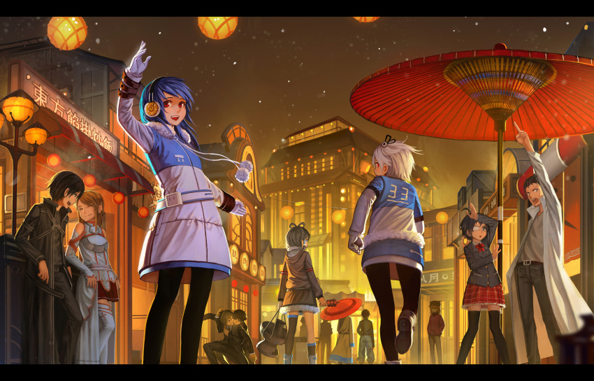 6+girls, absurdres, ahoge, arm_up, asuna_(sao), bare_shoulders, belt, bili_bili_douga