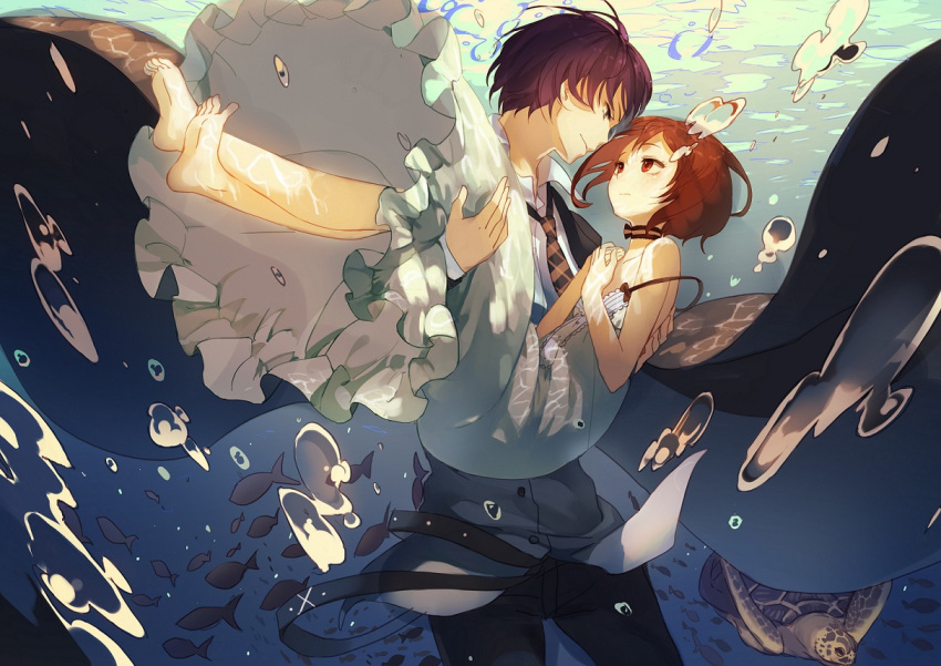 1boy, 1girl, barefoot, black_eyes, brown_hair, carrying, couple, dress