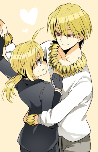 1boy, 1girl, ahoge, blonde_hair, blue_eyes, bracelet, fate/zero, fate_(series), formal, gilgamesh, jewelry, long_hair, necklace, pant_suit, ponytail, red_eyes, reverse_trap, saber, suit, tankensya