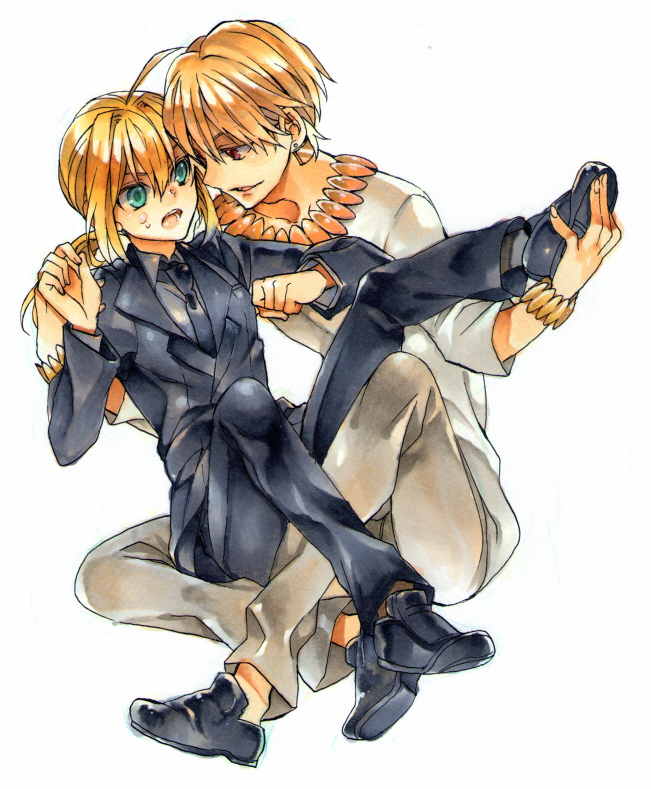 1boy, 1girl, ahoge, blonde_hair, bracelet, fate/zero, fate_(series), formal, gilgamesh, green_eyes, jewelry, long_hair, necklace, necktie, pant_suit, ponytail, red_eyes, reverse_trap, saber, suit, tankensya