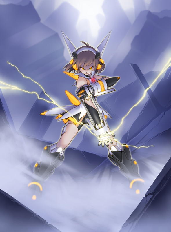 1girl, armor, electricity, furuu, glowing, glowing_eyes, magical_girl, senki_zesshou_symphogear
