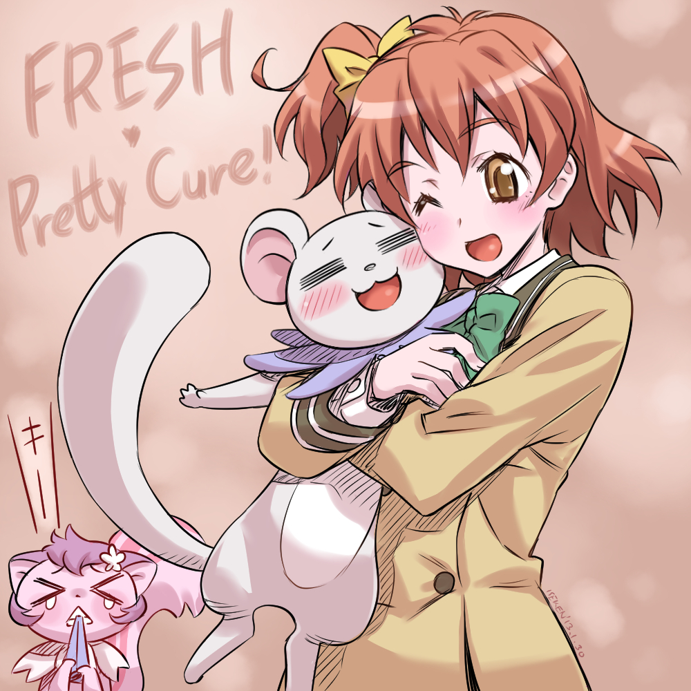 1girl, blazer, brown_hair, clenched_teeth, closed_eyes, cloth_pull, fresh_precure!, hug, isedaichi_ken, mouth_hold, precure, short_hair, side_ponytail, smile, tears, yamabuki_inori