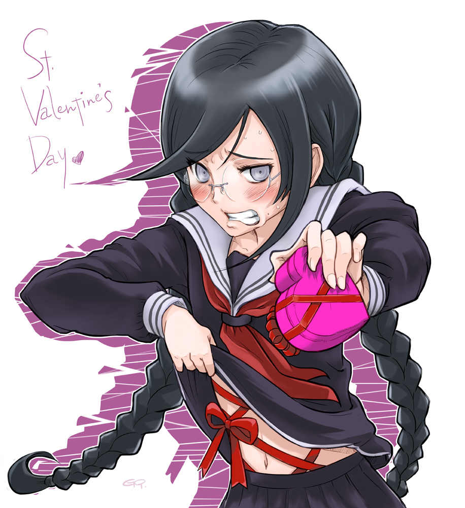 1girl, black_hair, body_ribbon, braid, clenched_teeth, dangan_ronpa, fukawa_touko, get9, gift, glasses, grey_eyes, heart, long_hair, navel, school_uniform, serafuku, skirt, solo, sweatdrop, twin_braids, twintails, valentine