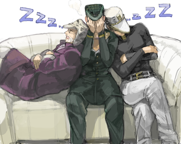 3boys, beard, coat, couch, covering_face, drawr, facial_hair, gakuran