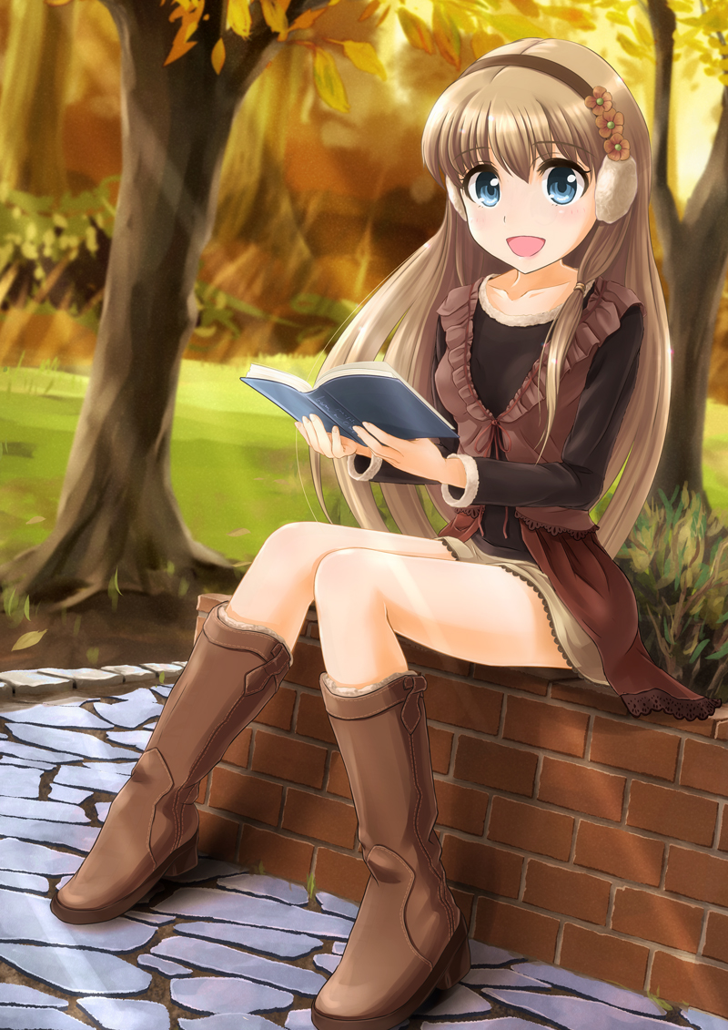 1girl, :d, autumn, blue_eyes, book, boots, brick, brown_hair