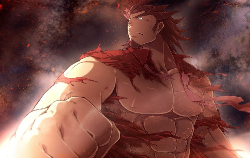 1boy, abs, columns_ke, embers, eyebrows, facial_hair, foreshortening, goatee