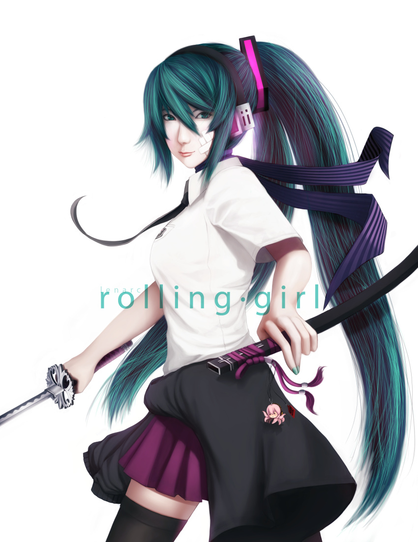 1girl, absurdres, black_legwear, breasts, charm_(object), cosplay, green_eyes, green_hair, hatsune_miku, highres, katana, large_breasts, len|arc, long_hair, nail_polish, necktie, no_more_heroes, pleated_skirt, rolling_girl_(vocaloid), scabbard, scarf, school_uniform, sheath, shinobu_jacobs, skirt, solo, split_ponytail, sword, takoluka, thigh-highs, unsheathed, very_long_hair, vocaloid, weapon, zettai_ryouiki