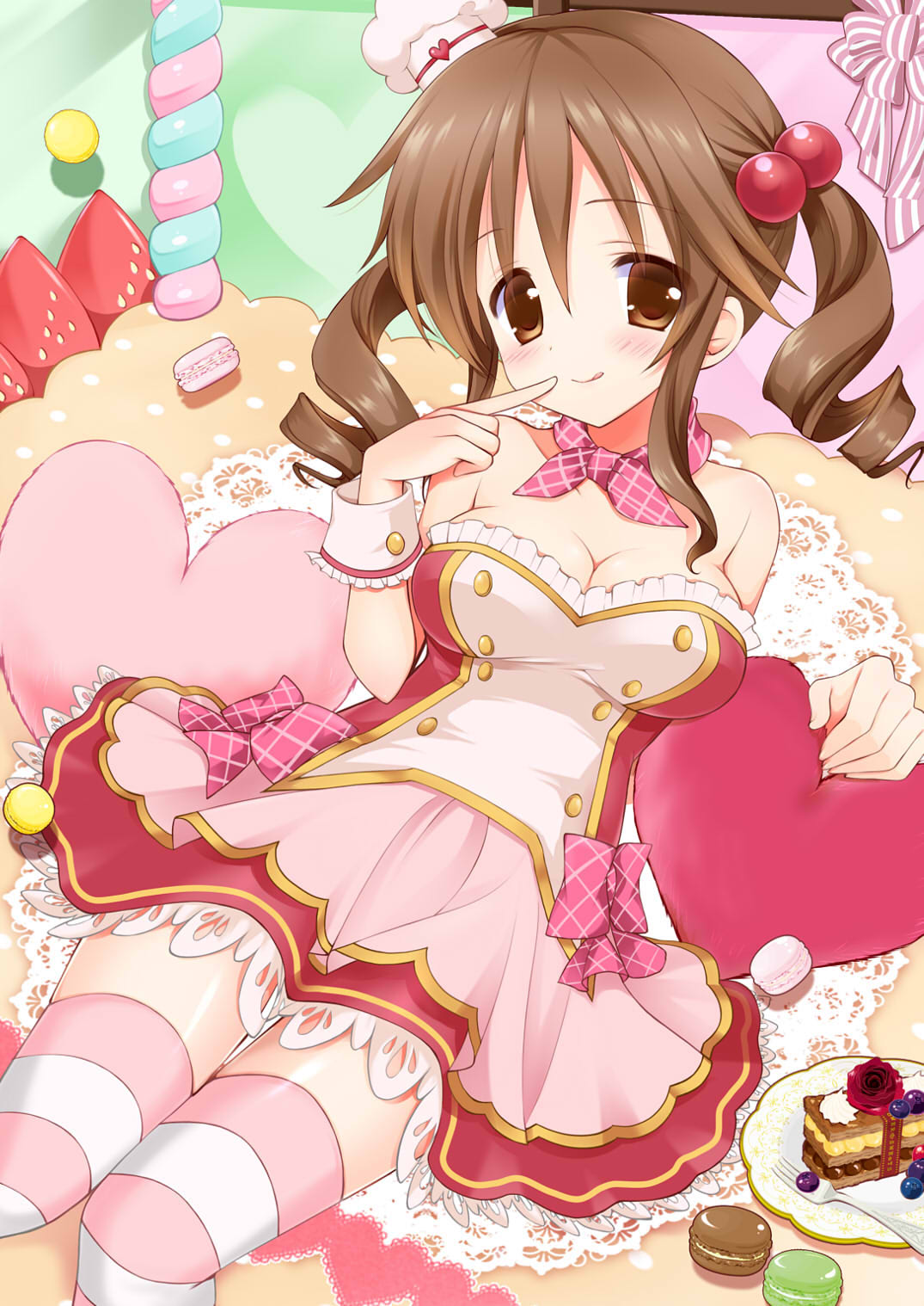 1girl, :q, breasts, brown_eyes, brown_hair, cake, cleavage, dress, drill_hair, food, fork, fruit, hair_bobbles, hair_ornament, heart, heart_pillow, idolmaster, idolmaster_cinderella_girls, macaron, pillow, pink_legwear, plate, shira_ichigo_(ichigohou), strawberry, striped, striped_legwear, thigh-highs, thigh_gap, tongue, totoki_airi, twin_drills, white_legwear, wrist_cuffs