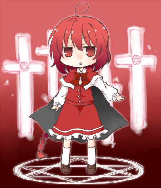 1girl, bow, braid, cape, capelet, chibi, cross, dress