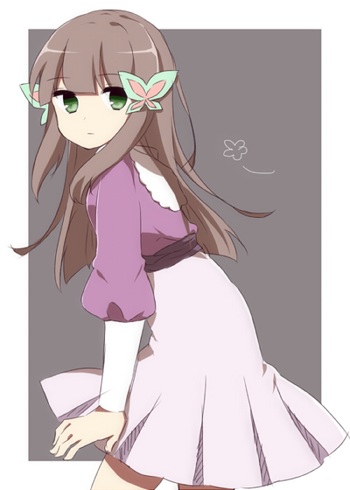 1girl, back, bangs, blunt_bangs, blush, brown_hair, butterfly_hair_ornament, curvy, green_eyes, hair_ornament, iris_(rockman_exe), long_hair, looking_back, rockman, rockman_exe, saibi, skirt