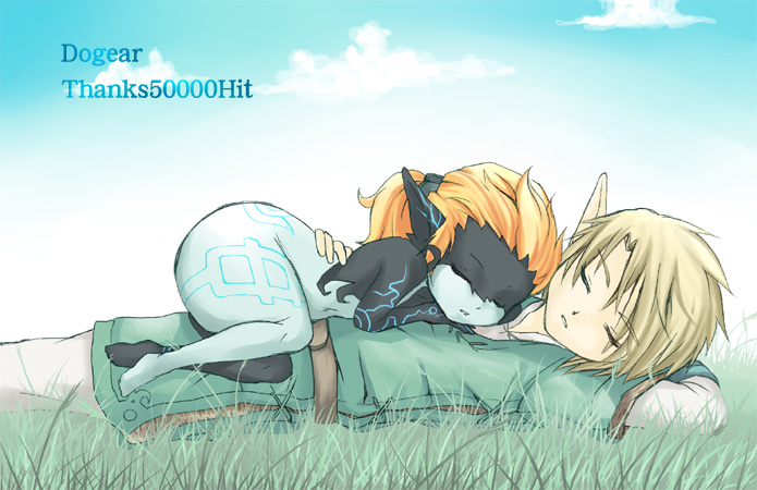 1boy, 1girl, arm_around_waist, blonde_hair, blue_skin, blue_sky, closed_eyes, grass