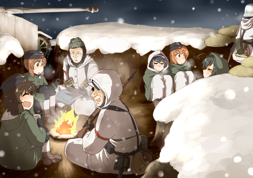 akiyama_yukari, black_hair, brown_hair, campfire, girls_und_panzer, gun, hairband, hariyaa