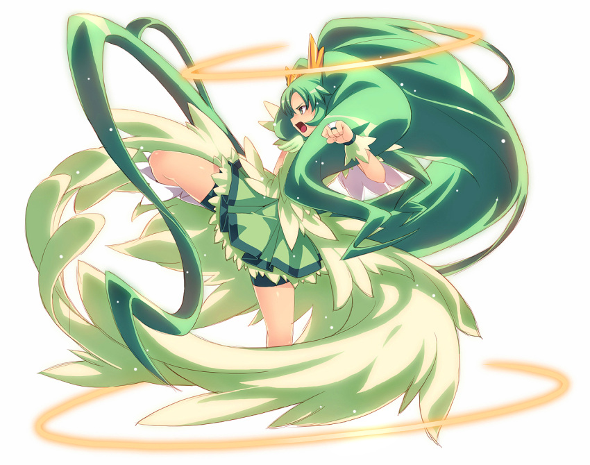 1girl, bike_shorts, blush, choker, cure_march, dress, green_eyes, green_hair
