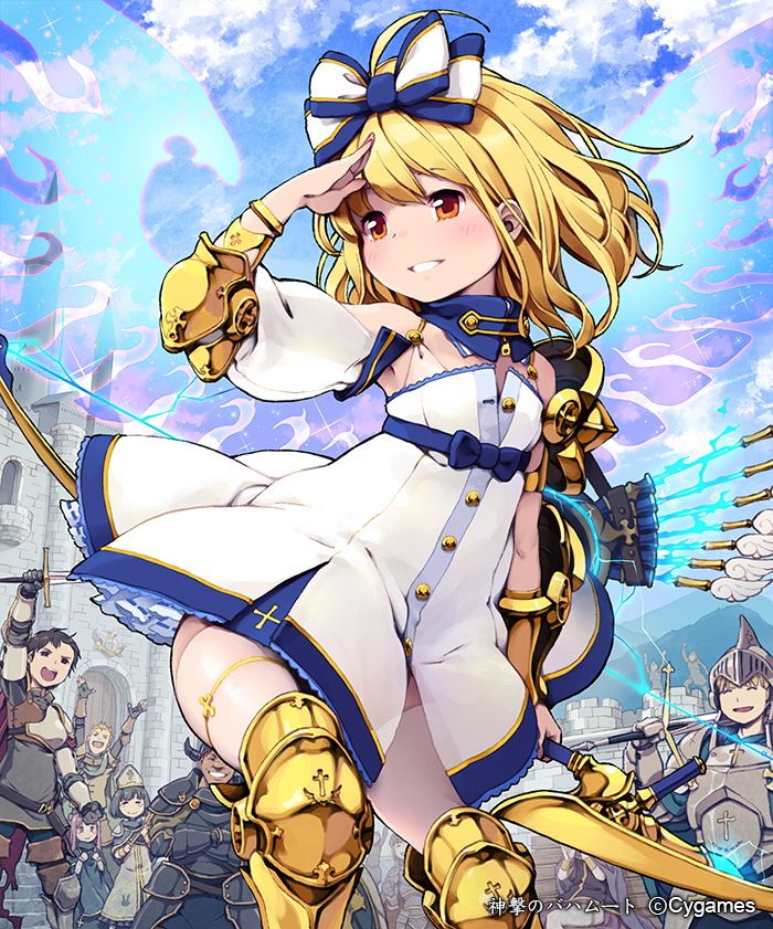 1girl, ahoge, angel, angel_wings, armor, arrow, bare_shoulders, blonde_hair