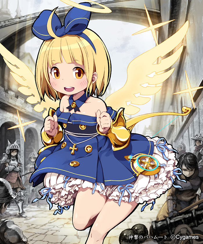 1girl, :d, ahoge, angel, angel_wings, armor, bare_legs, bare_shoulders, blonde_hair, blush, bow, bow_(weapon), cannon, cannonballs, cross, detached_collar, hair_bow, hairband, halo, lena_(zoal), looking_at_viewer, open_mouth, short_hair, smile, weapon, wings