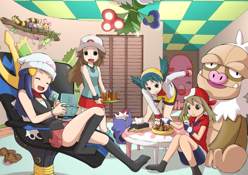 4girls, annotated, bandana, beanie, bike_shorts, black_legwear, blue_(pokemon), blue_eyes, blue_hair, bracelet, brown_eyes, brown_hair, chansey, chansey_(cameo), cherrim, cherrim_(cameo), closed_eyes, corsola, corsola_(cameo), crystal_(pokemon), cyndaquil, cyndaquil_(cameo), eating, empoleon, empoleon_(cameo), female, furret, furret_(cameo), gloves, happy, haruka_(pokemon), hat, hikari_(pokemon), jacket, jewelry, kecleon, kecleon_(cameo), kneehighs, laughing, leaf_(pokemon), long_hair, magyo, multiple_girls, nintendo_ds, objectification, open_mouth, phone, pokemon, pokemon_(creature), pokemon_(game), pokemon_dppt, pokemon_gsc, pokemon_rgby, pokemon_rse, product_placement, ralts, ralts_(cameo), rattata, rattata_(cameo), roserade, roserade_(cameo), scarf, secret_hideout, sitting, skirt, slaking, slaking_(cameo), slippers, smile, socks, stuffed_animal, stuffed_toy, swalot, swalot_(cameo), swinub, swinub_(cameo), themed_object, treecko, treecko_(cameo), twintails, wristband