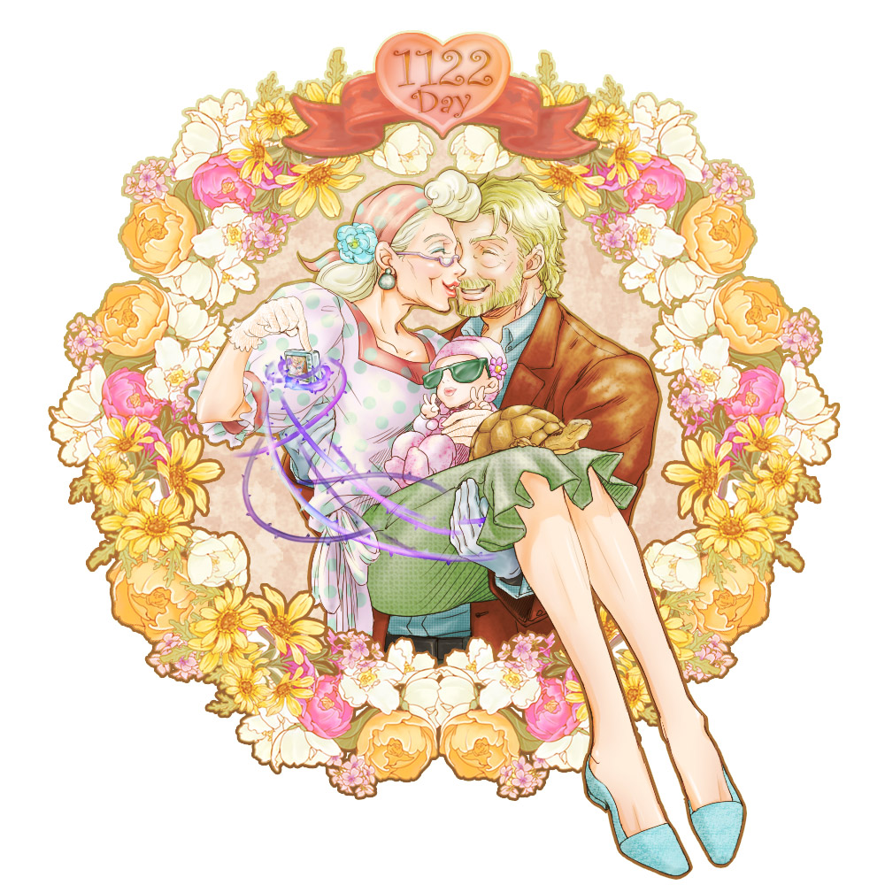 1boy, 2girls, baby, bandana, beard, blonde_hair, carrying, couple