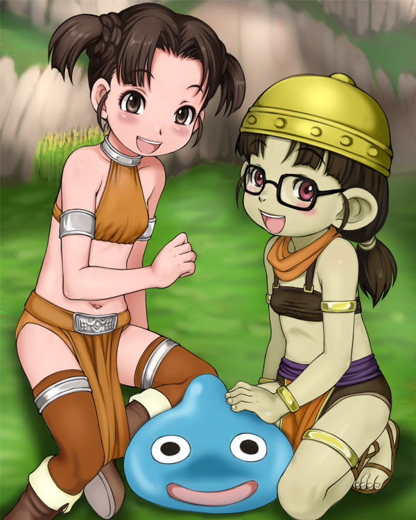2girls, bare_shoulders, blush, boots, bracelet, brown_eyes, brown_hair, character_request