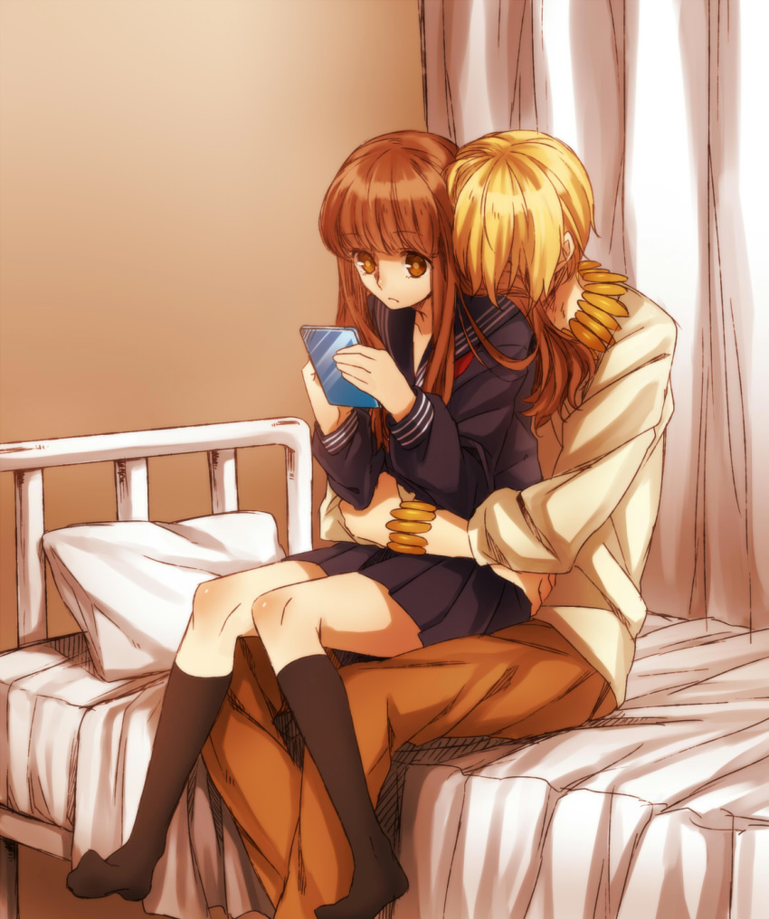 1boy, 1girl, bed, blonde_hair, bracelet, brown_eyes, brown_hair, fate/extra, fate/extra_ccc, fate_(series), female_protagonist_(fate/extra), gilgamesh, hug, hug_from_behind, jewelry, long_hair, necklace, red_eyes, school_uniform, serafuku, shiori_(1095951), sitting
