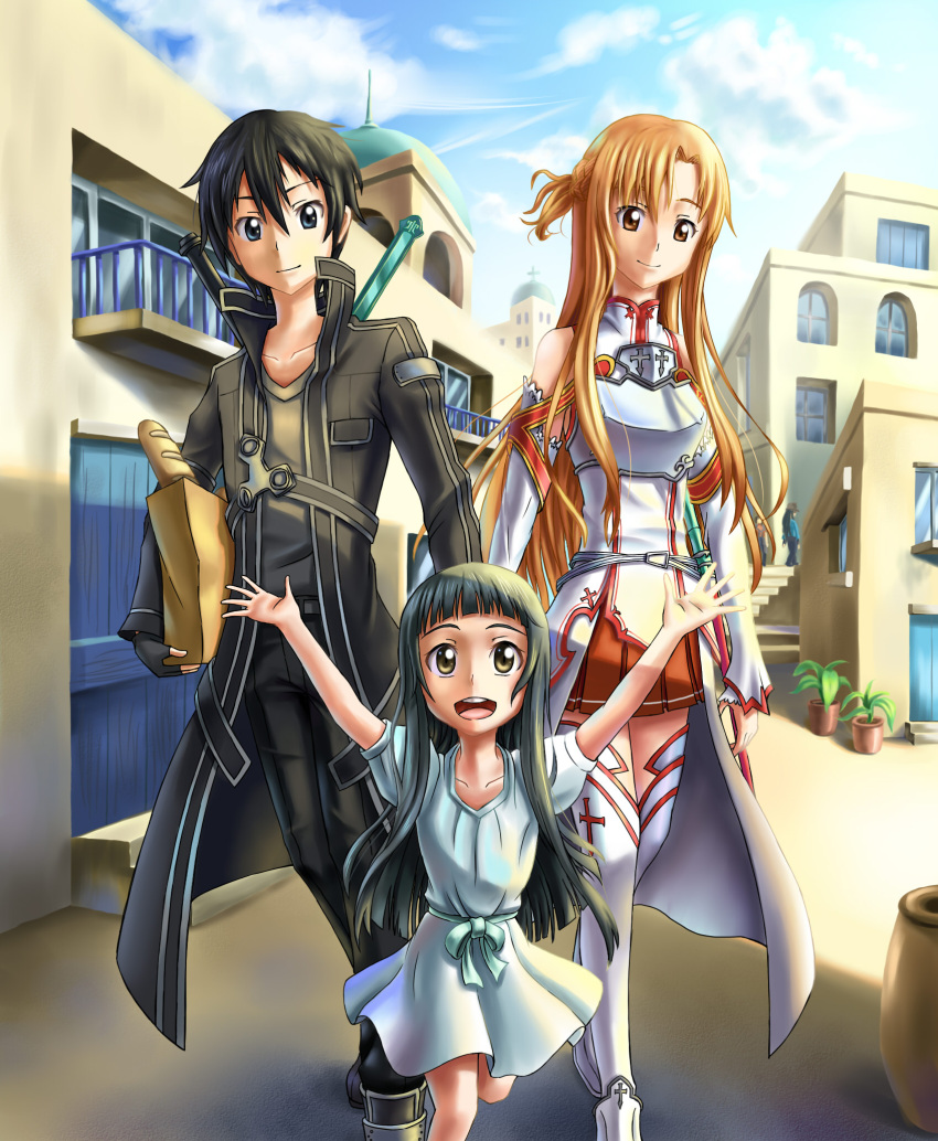 1boy, 2girls, asuna_(sao), bag, black_eyes, black_hair, breastplate, brown_eyes