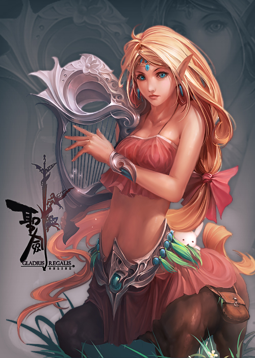 1girl, ando, bag, blonde_hair, blue_eyes, centaur, earrings, harp, instrument, jewelry, long_hair, original, pointy_ears, rabbit, ribbon, solo