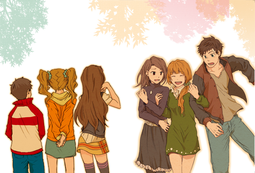 adult, age_progression, blue_eyes, brother_and_sister, brown_hair, idolmaster, jewelry, kyouno