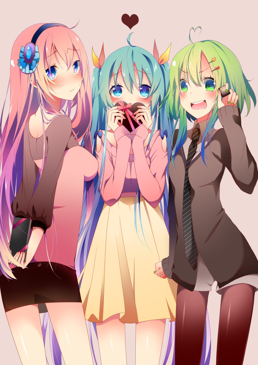3girls, absurdres, ahoge, aqua_hair, blue_eyes, blush, dress, green_eyes, green_hair, gumi, hair_ornament, hairclip, hatsune_miku, heart, highres, long_hair, megurine_luka, multiple_girls, necktie, open_mouth, pantyhose, pink_hair, skirt, temari_(deae), twintails, valentine, very_long_hair, vocaloid