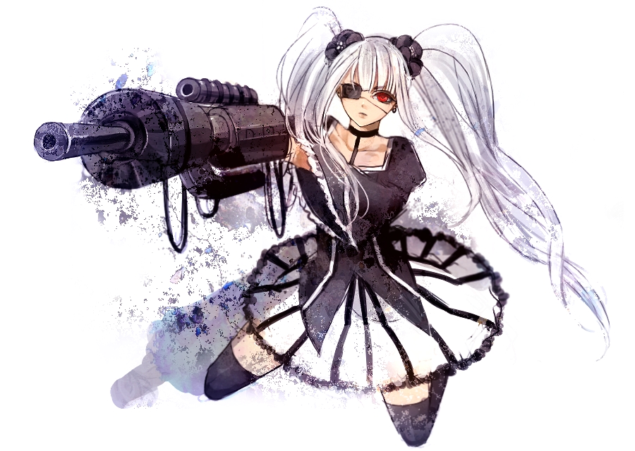 arm_cannon, dark_skin, earrings, eyepatch, gothic_lolita, gun, jewelry, kudo_raichi, lolita_fashion, original, raichi_(quatsch), red_eyes, skirt, solo, thigh-highs, thighhighs, twintails, weapon, white_hair, zettai_ryouiki