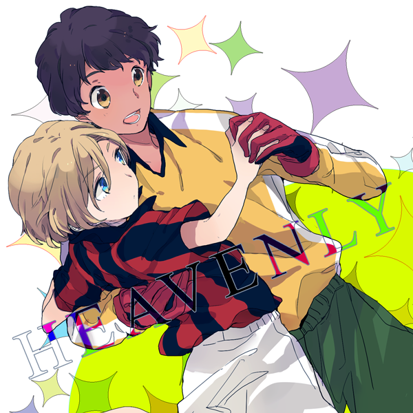 2boys, aoto_gonzales_takuma, blue_eyes, brown_eyes, brown_hair, camelot_(artist), dancing, ginga_e_kickoff!!, gloves, purple_hair, short_hair, shorts, soccer, soccer_uniform, sports_wear, sugiyama_tagi