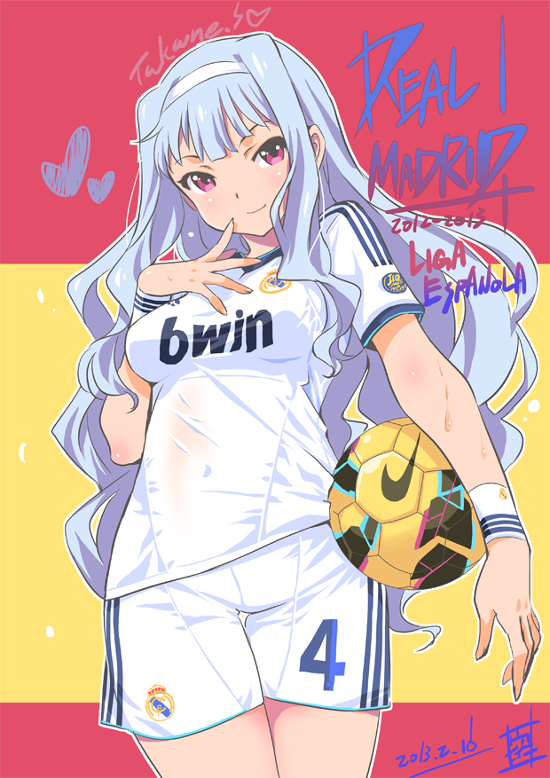 1girl, ball, blush, breasts, hairband, heart, idolmaster, inoue_sora_(artist)
