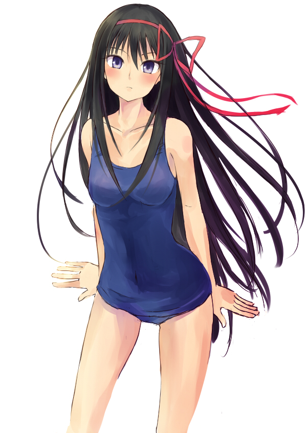 1girl, akemi_homura, black_hair, hairband, long_hair, mahou_shoujo_madoka_magica, ribbon, school_swimsuit