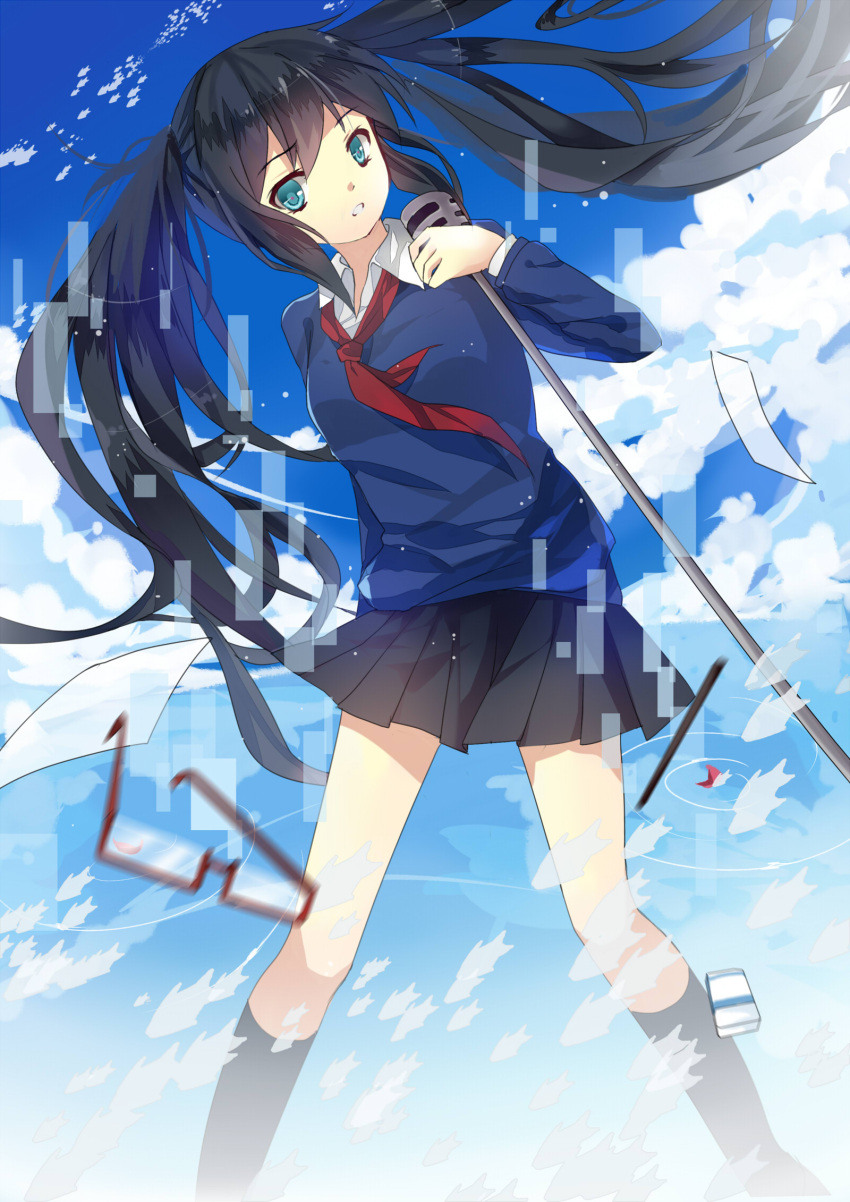 1girl, alternate_costume, aqua_eyes, black_hair, clouds, elise_(piclic), eraser, fish, glasses, hatsune_miku, microphone, school_uniform, skirt, sky, solo, spell_tag, twintails, very_long_hair, water