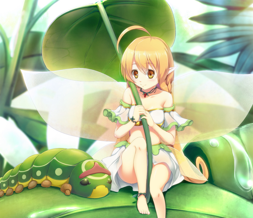 1girl, ahoge, anklet, bare_foot, blonde_hair, bracelet, bug, caterpillar, choker, fairy, jewelry, leaf, long_hair, minigirl, pinkarage, pointed_ears, sitting, skirt, smile, wings, yellow_eyes