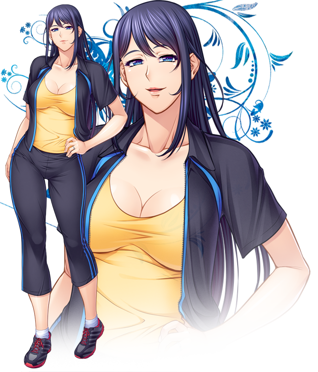 1girl, blue_eyes, blue_hair, breasts, character_background, large_breasts, lilith-soft, long_hair, smile, sportswear, tsuma_netori