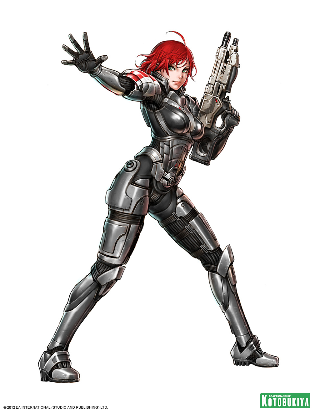 1girl, armor, commander_shephard, commander_shephard_(female), green_eyes, gun, human, human_only