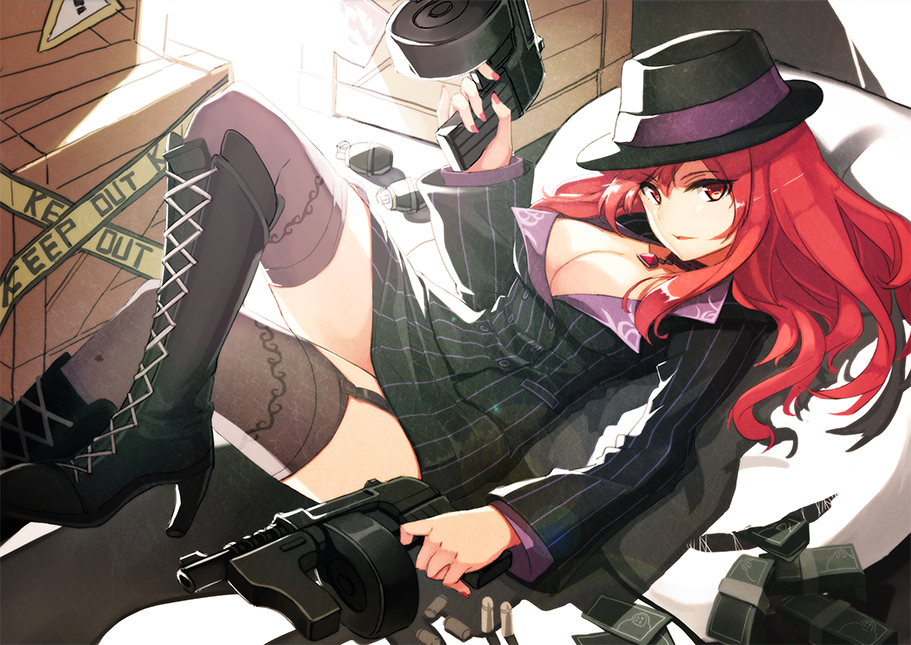 boots, choker, dual_wielding, fidora, gun, gusin_(artist), hat, high_heels