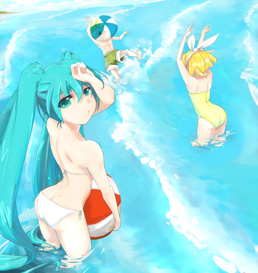 1boy, 2girls, absurdres, aqua_eyes, aqua_hair, beach_ball, female, hair_bow