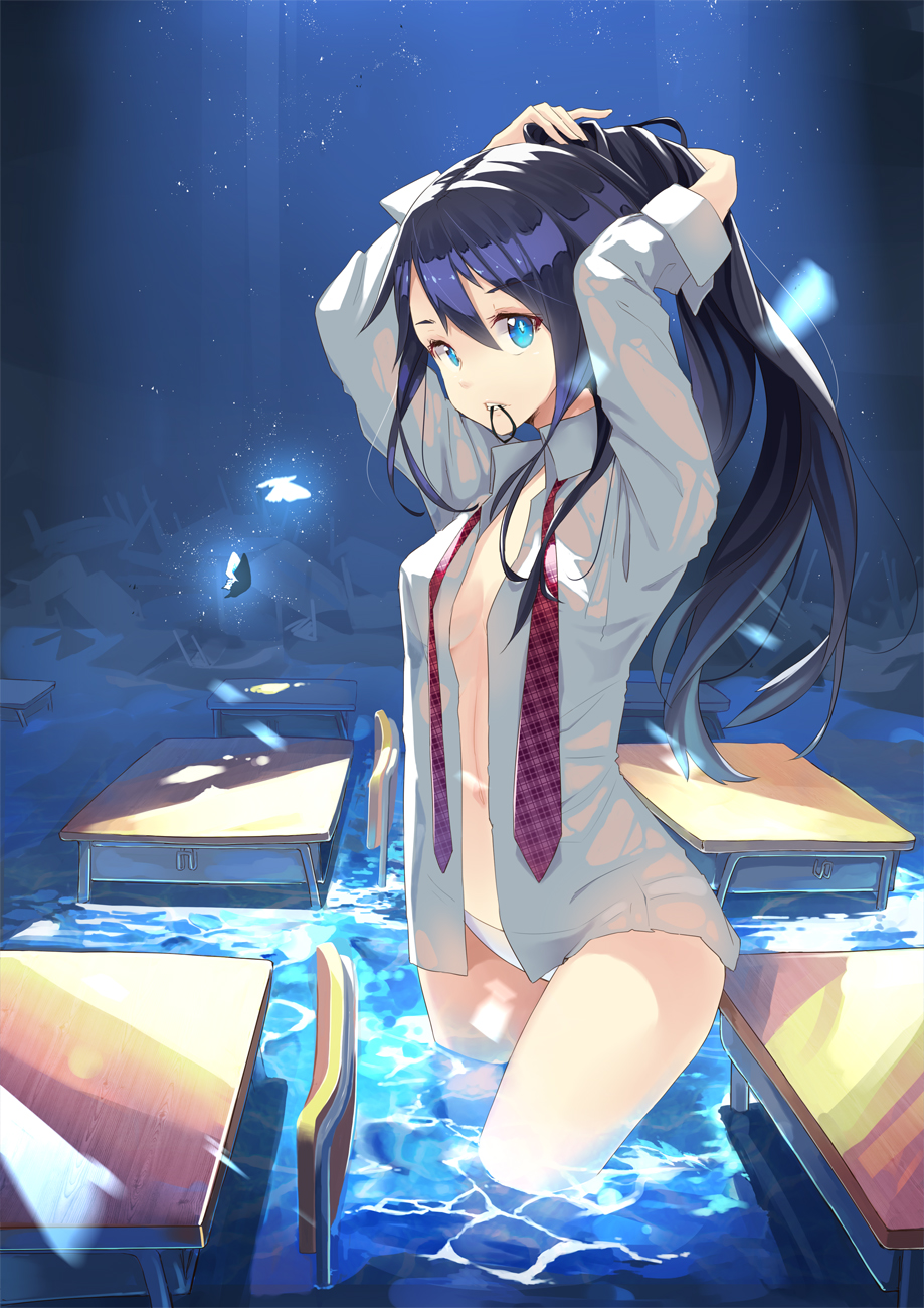 1girl, arms_up, black_hair, blue_eyes, breasts, butterfly, classroom, highres