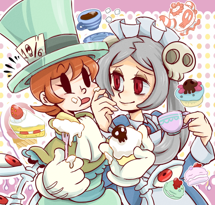 2girls, alice_in_wonderland, apron, black_eyes, bloody_marie_(skullgirls), cake, cream, cream_on_face